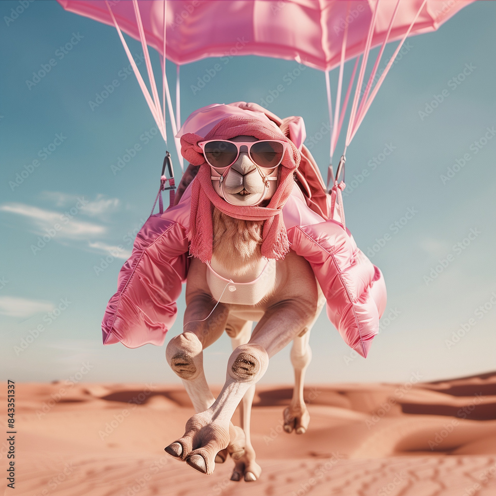 Wall mural Camel in pink outfit makes a parachute jump over the desert