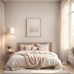Mockup white empty frame in light cozy and simple bedroom interior background, 3d render