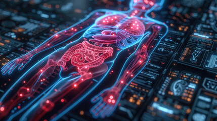 Fototapeta premium Cutting-edge hologram featuring a neon glow and translucent human stomach, illustrating the digestive system. Futuristic medical backdrop highlights the advancements in medical imaging technology