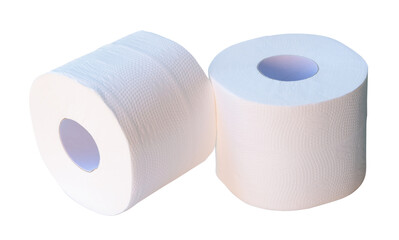 Front view of two rolls of tissue paper or toilet paper in stack isolated on white background with clipping path
