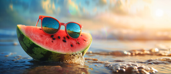 watermelon wearing summer sunglasses during summer concept banner background