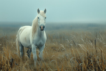Naklejka premium Serene white horse standing in foggy grassland.