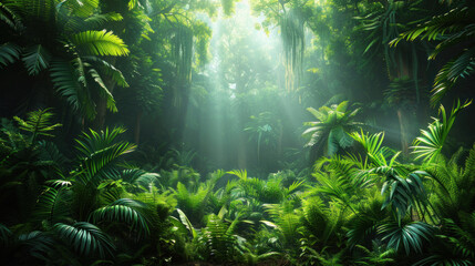 Dense green forest with a rich variety of tropical plants, towering trees, and exotic flora, offering a glimpse into the heart of nature's beauty.
