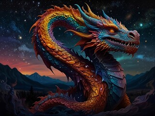 A targerian dragon of many hues its body a canvas of swirling colours set against a dark and starry night sky.

