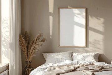 Fototapeta premium mockup picture frame in a light cozy and simple bedroom interior