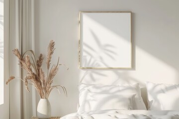 mockup picture frame in a light cozy and simple bedroom interior