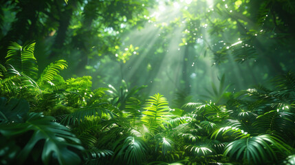 tropical jungle with towering trees and vibrant green foliage, sunlight filtering through the dense canopy, creating a serene forest atmosphere.