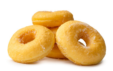 Front view of sugar glazed brown cinnamon donuts in stack isolated on white background with clipping path