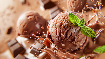 Chocolate ice cream balls with chocolate chunks and fresh mint leaves on brown background. Close up, menu, recipe. Chocolate gelato, gelateria promotion, advertising food photo. Summer dessert
