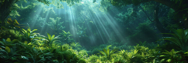 Obraz premium tropical jungle with towering trees and vibrant green foliage, sunlight filtering through the dense canopy, creating a serene forest atmosphere.