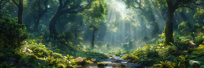 tropical jungle with towering trees and vibrant green foliage, sunlight filtering through the dense canopy, creating a serene forest atmosphere. © tong2530