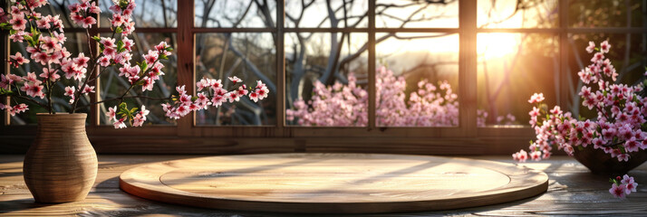 Empty of wooden countertop with a wooden plate, set against a backdrop of a spring garden filled with blooming cherry blossoms