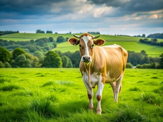 A Cow Standing In A Lush Green Field Looking At The Camera With A Hill And Trees In The Background