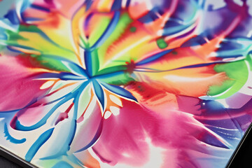 A close-up of a vibrant flower painting. The artist has used thick impasto brushstrokes to create a textured and colorful representation of the flower.