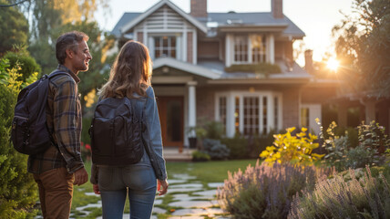 Obraz premium Real estate agent inviting couple to enter house for visit.generative ai