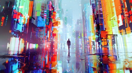Abstract a man walks down a wet street with a colorful light  in the modern cityscape, Generative AI illustrations.