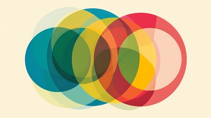 Fototapeta premium Abstract flat artwork featuring a minimal symbol of a circle represented overlapping, transparent colored circles arranged in a random pattern, Generative AI illustrations. 