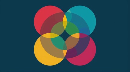 Obraz premium Abstract flat artwork featuring a minimal symbol of a circle represented overlapping, transparent colored circles arranged in a random pattern, Generative AI illustrations. 