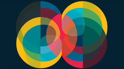 Fototapeta premium Abstract flat artwork featuring a minimal symbol of a circle represented overlapping, transparent colored circles arranged in a random pattern, Generative AI illustrations. 
