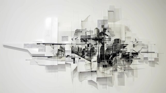A drawing of an architectural model in black ink on white paper, made from small pieces cut out and arranged to form the shape of buildings, houses or bridges, Generative AI illustrations. 