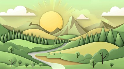 A illustration of a landscape with trees mountains and sun, Generative AI illustrations. 