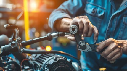 Obraz premium Auto mechanic working on car broken engine in mechanics service or garage, Generative AI illustrations. 