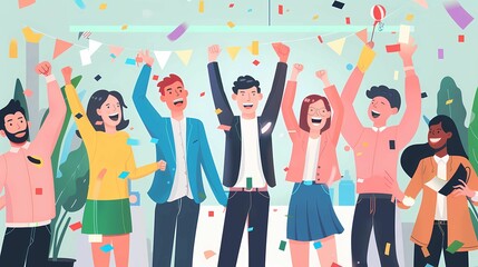 A group of people are celebrating to business success  with confetti falling from the sky, Generative AI illustrations. 