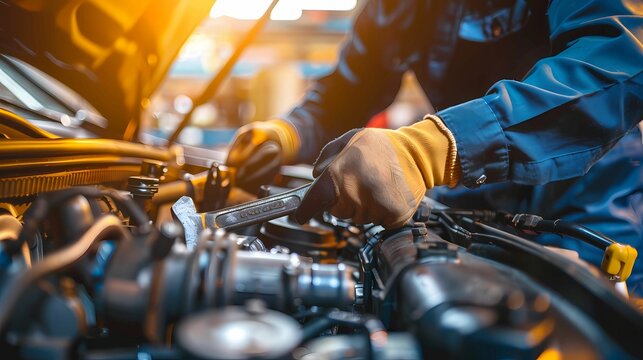 A mechanic working on car broken engine in mechanics service or garage, Generative AI illustrations. 