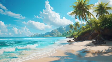 Transport yourself to a sun-kissed paradise with pristine beaches and swaying palm trees.