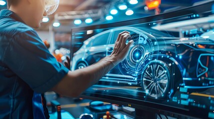 Car service technology, guarantee on virtual screens concept, Employees check the conditions of quality warranty and service repair, Generative AI illustrations. 