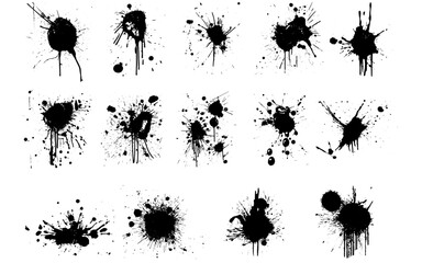 Ink drops and splashes. Blotter spots, liquid paint drip drop splash and ink splatter. Artistic dirty grunge abstract spot vector set. Illustration monochrome drip splash, splat messy inkblot