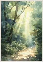Painting of a Green Forest with Sunlight - Lush Nature and Serene Landscape Art