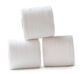 Side view of white tissue paper rolls in stack isolated on white background with clipping path