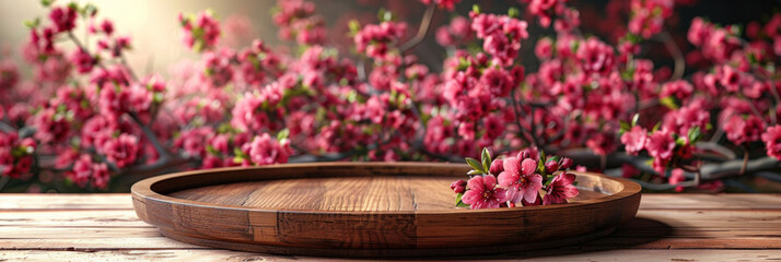 Empty of wooden countertop with a wooden plate, set against a backdrop of a spring garden filled with blooming cherry blossoms