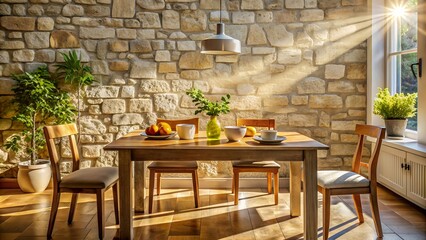 Fototapeta premium A beautiful dining room with a large wooden table, chairs, and a stone wall in the background. the room is filled with sunlight and there are plants on the table.