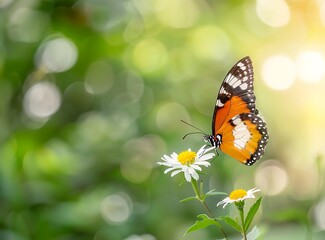 Beautiful butterfly on flower in the garden with green blur background, butterfly sitting on white wildflower or weed grass for nature and environment concept