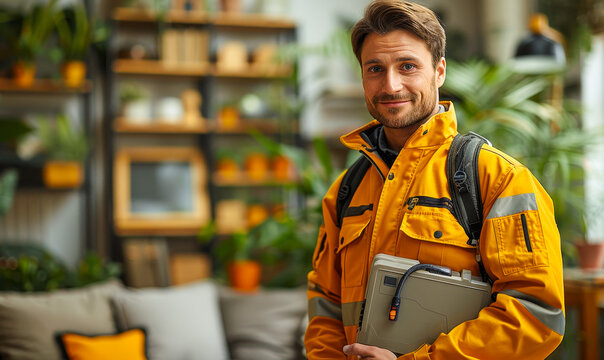 Smiling Pest Control Contractor in Modern Flat Holding Equipment, Daytime, Professional Pest Control Services, Urban Home Interior, Residential Problem-Solving - Powered by Adobe