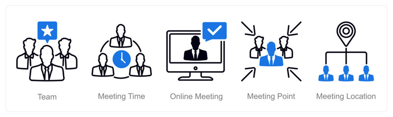 A set of 5 Meeting icons as team, meeting time, online meeting