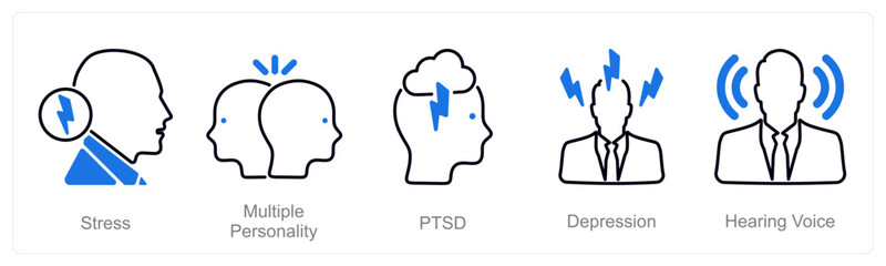 A set of 5 Mental Health icons as stress, multiple personality, ptsd