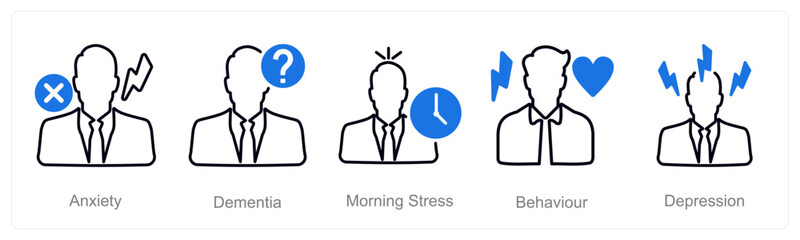 A set of 5 Mental Health icons as anxiety, dementia, morning stress