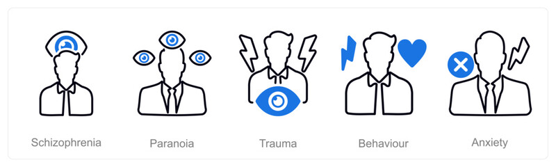 A set of 5 Mental Health icons as schizophernia, paranoia, trauma