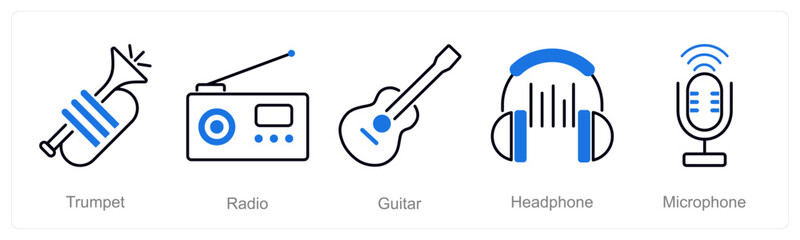A set of 5 Music icons as trumpet, radio, guitar