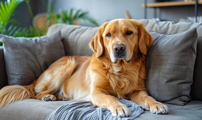 Golden Labrador Retriever Relaxing on Couch in Modern Living Room Interior with Elegant Gray Decor and Green Plants - Cozy and Comfortable Canine Companion in Domestic Setting