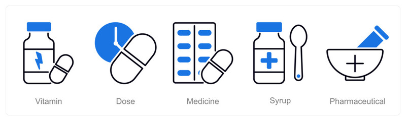 A set of 5 Pharmacy icons as vitamin, dose, medicine