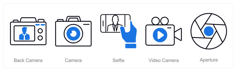 A set of 5 Photography icons as back camera, camera, selfie