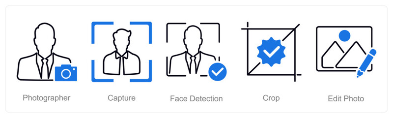 A set of 5 Photography icons as photographer, capture, face detection