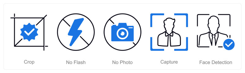 A set of 5 Photography icons as crop, no flash, no photo