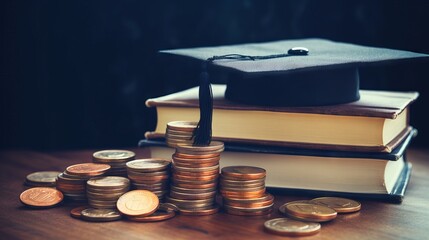 Education costs and investment concept: scholarship and education loan with graduation cap on coins representing financial planning for school and university levels

