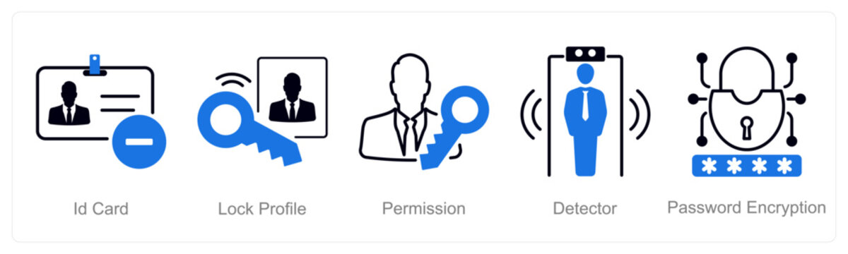 A set of 5 security icons as id card, lock profile, permission
