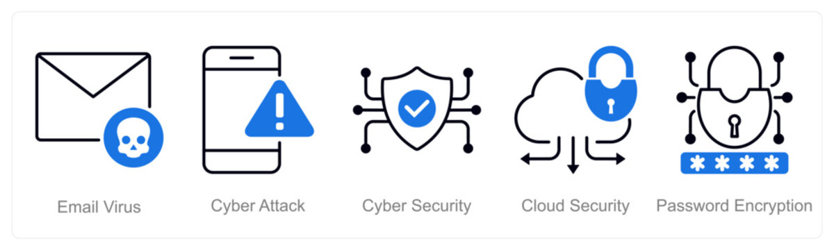 A set of 5 security icons as email virus, cyber attack, cybr security